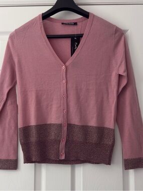 Betty Barclay Women's Pink V-Neck Button Cardigan Sweater with Metallic Hem smal